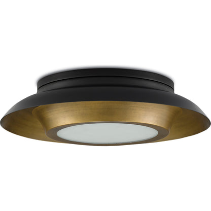 Metaphor Flush Mount by Currey and Company in painted antique brass, painted black. Made from brass, glass in a transitional style.
