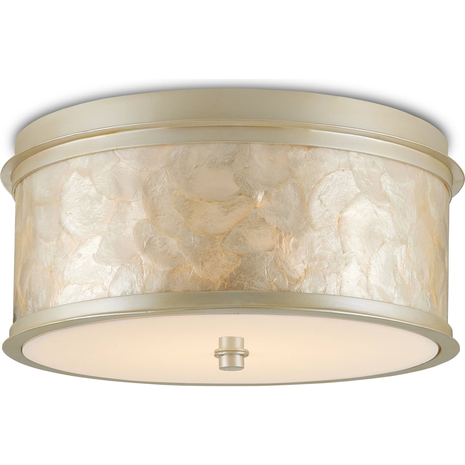 Neith Flush Mount by Currey and Company in sea pearl, natural. Made from wrought iron, capiz shell, acrylic diffuser in a transitional style.