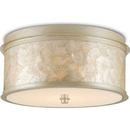 Neith Flush Mount by Currey and Company in sea pearl, natural. Made from wrought iron, capiz shell, acrylic diffuser in a transitional style.