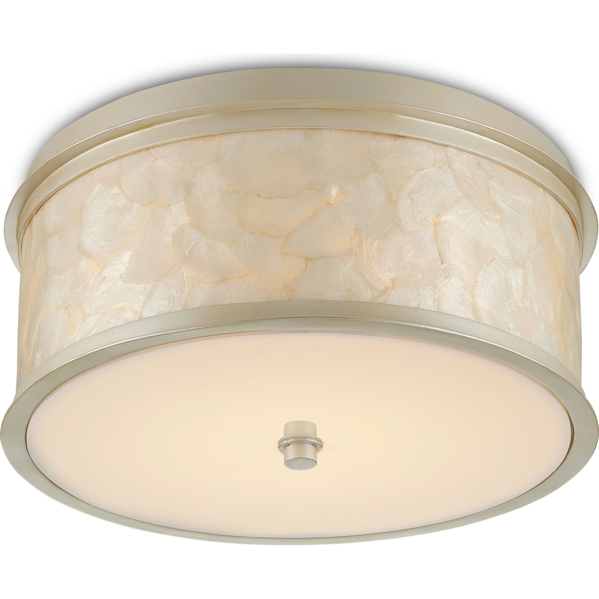 Neith Flush Mount by Currey and Company in sea pearl, natural. Made from wrought iron, capiz shell, acrylic diffuser in a transitional style.