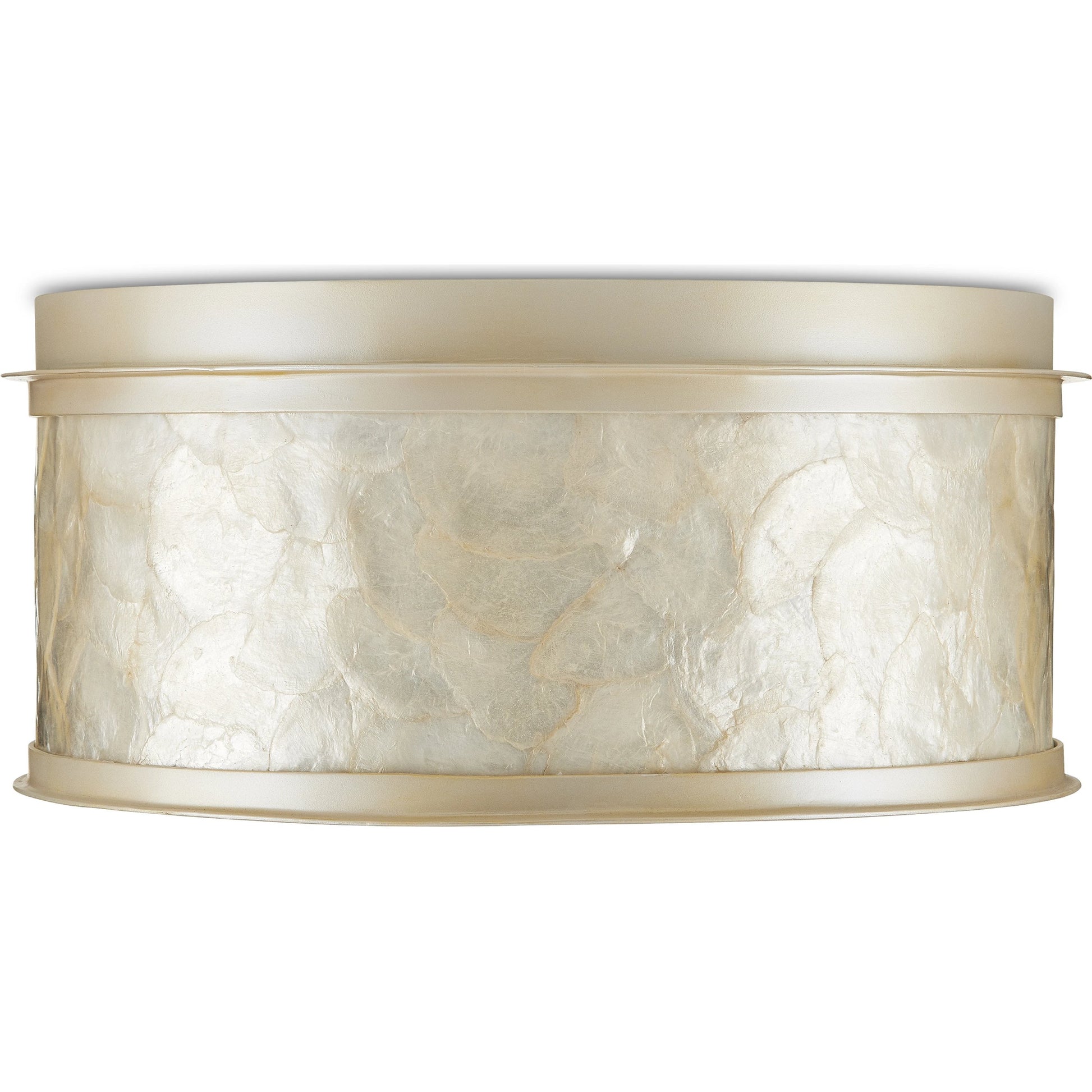 Neith Flush Mount by Currey and Company in sea pearl, natural. Made from wrought iron, capiz shell, acrylic diffuser in a transitional style.