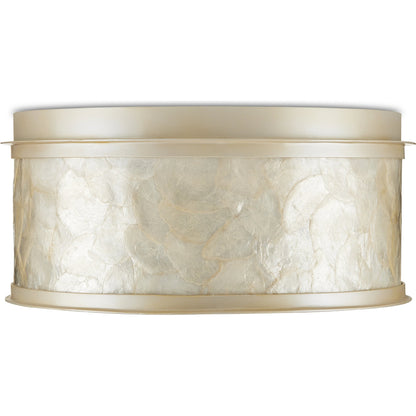 Neith Flush Mount by Currey and Company in sea pearl, natural. Made from wrought iron, capiz shell, acrylic diffuser in a transitional style.