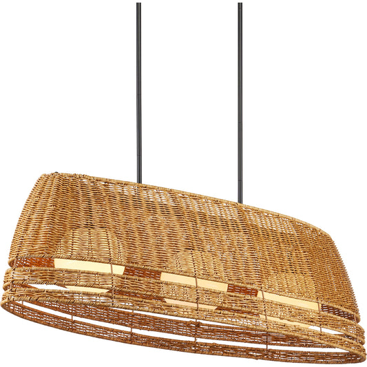 Barbary Oval Outdoor Chandelier by Currey and Company in natural, black, frosted white. Made from all-weather wicker, metal, glass in a rustic style.