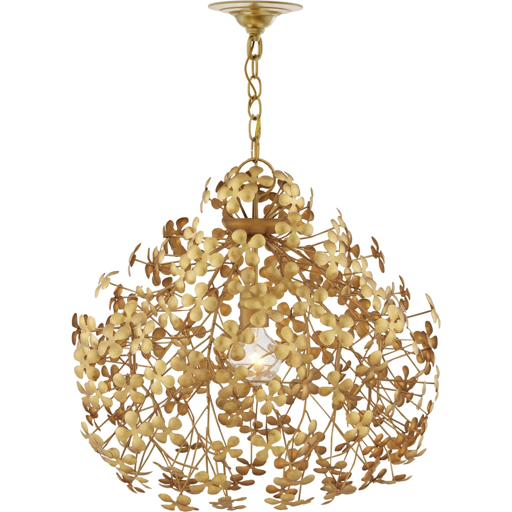 Cloverfield Pendant by Currey and Company in contemporary gold leaf. Made from wrought iron in a modern style.