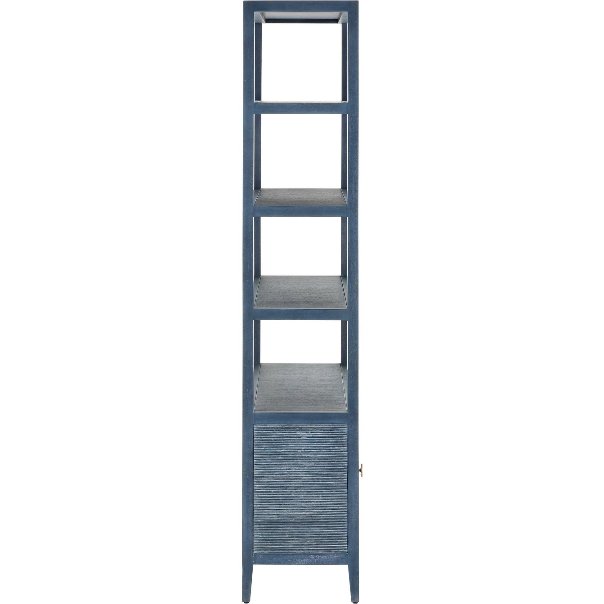 Santos Storage Etagere by Currey and Company in vintage navy, brushed brass. Made from rattan, mahogany, grasscloth, brass in a transitional style.