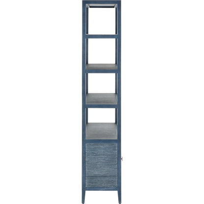 Santos Storage Etagere by Currey and Company in vintage navy, brushed brass. Made from rattan, mahogany, grasscloth, brass in a transitional style.