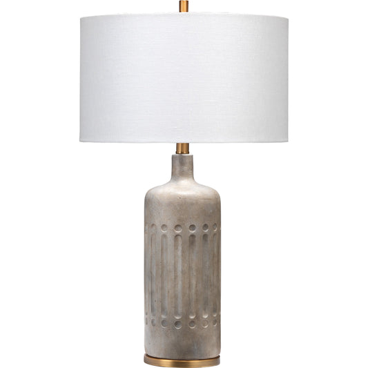 Annex Table Lamp by Jamie Young in gray, antique brass. Made from cement, metal in a transitional style.