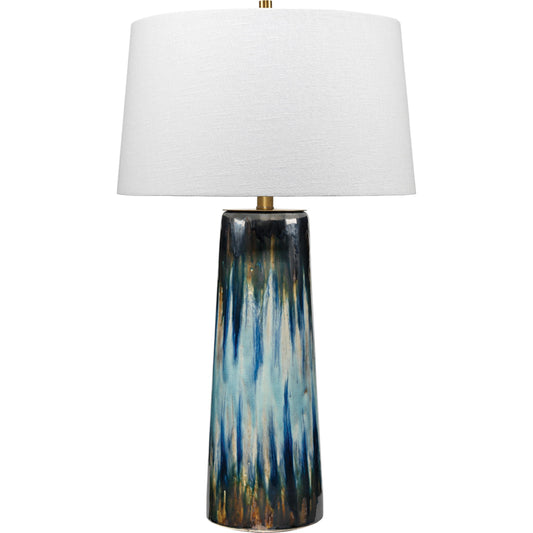 Brushstroke Table Lamp by Jamie Young in aqua, dark blue, metallic ombre reactive glaze. Made from ceramic in a transitional style.