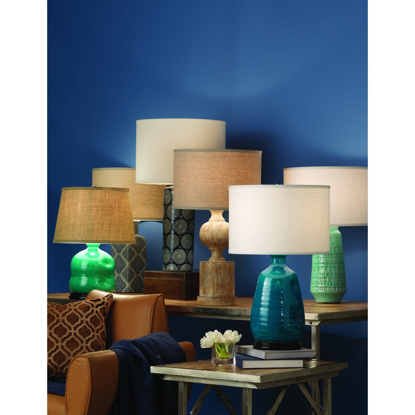 004 S-292106 | Lifestyle | Neva Table Lamp by Jamie Young in blue. Made from ceramic in a transitional style.