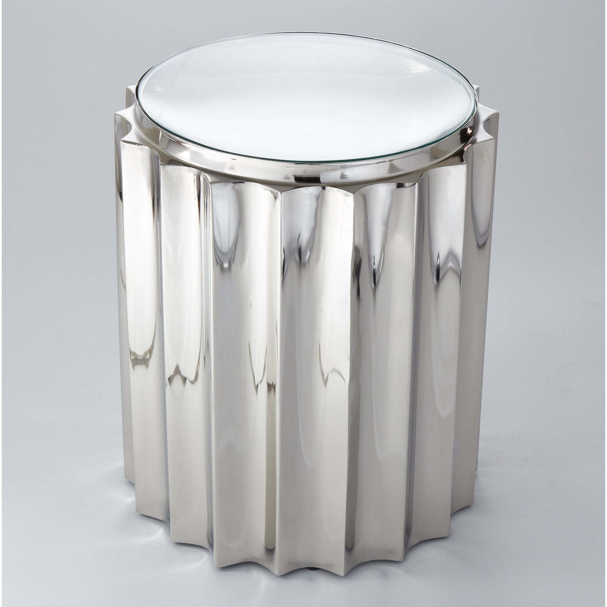 Fluted Column Table by Global Views. Made from stainless steel, tempered glass in a transitional style.