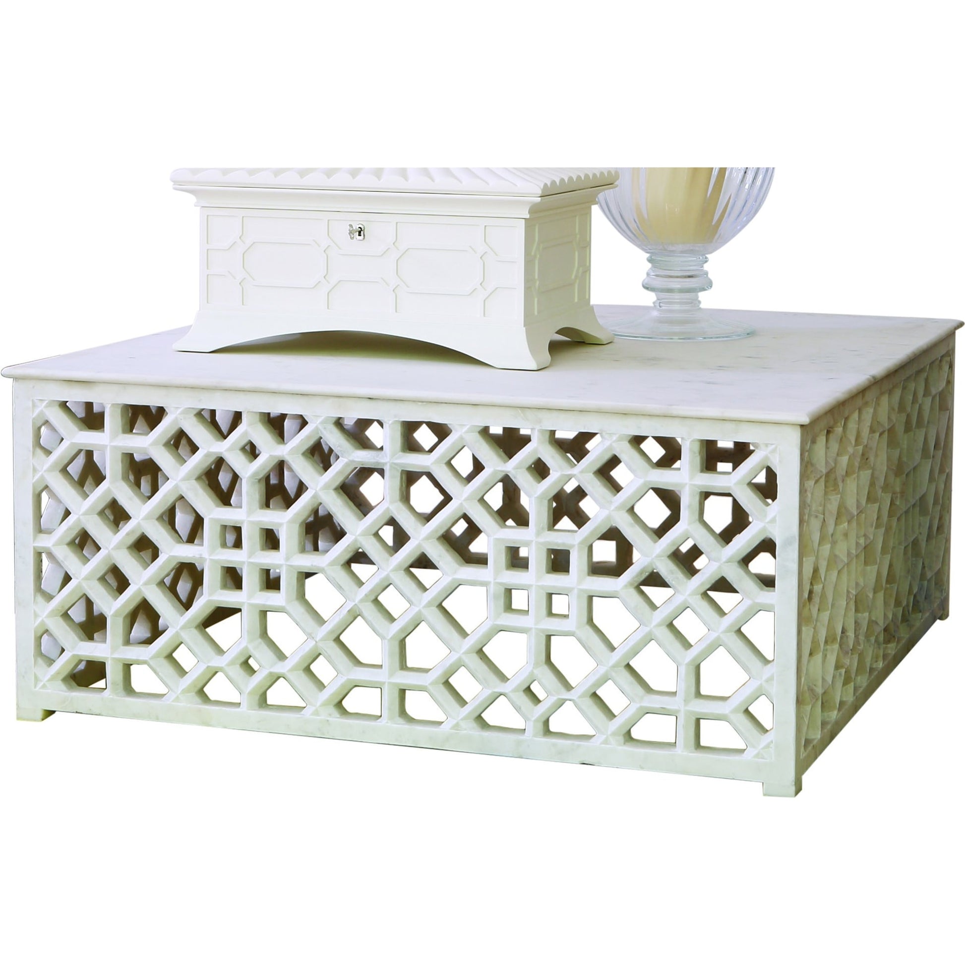 Fret Cocktail Table by Global Views. Made from hand carved honed white marble in a transitional style.