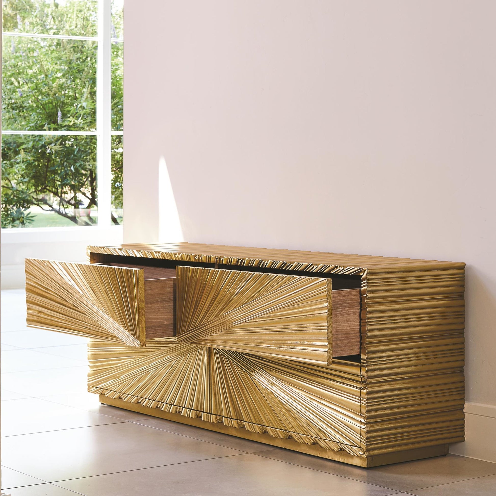 Linenfold Cabinet by Global Views. Made from mdf, brass in a modern style.