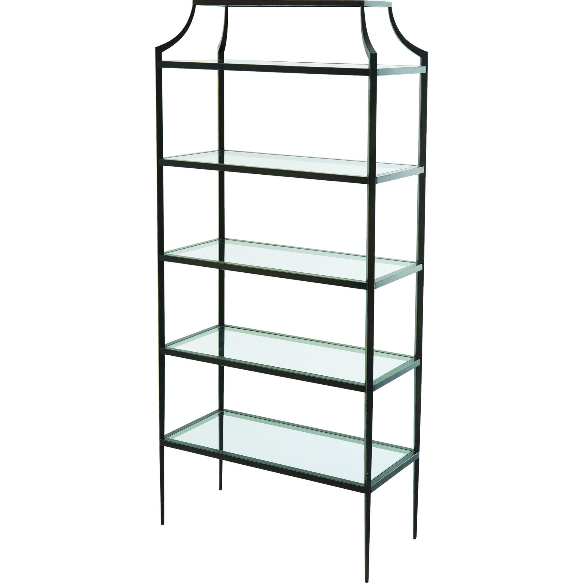 Lescot Etagere by Global Views in dark gunmetal bronze powder coat, gold edges, highlights. Made from iron, tempered glass in a transitional style.
