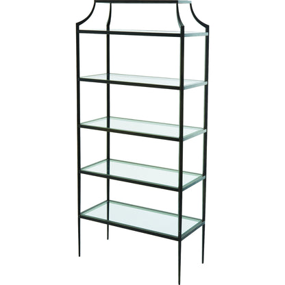 Lescot Etagere by Global Views in dark gunmetal bronze powder coat, gold edges, highlights. Made from iron, tempered glass in a transitional style.