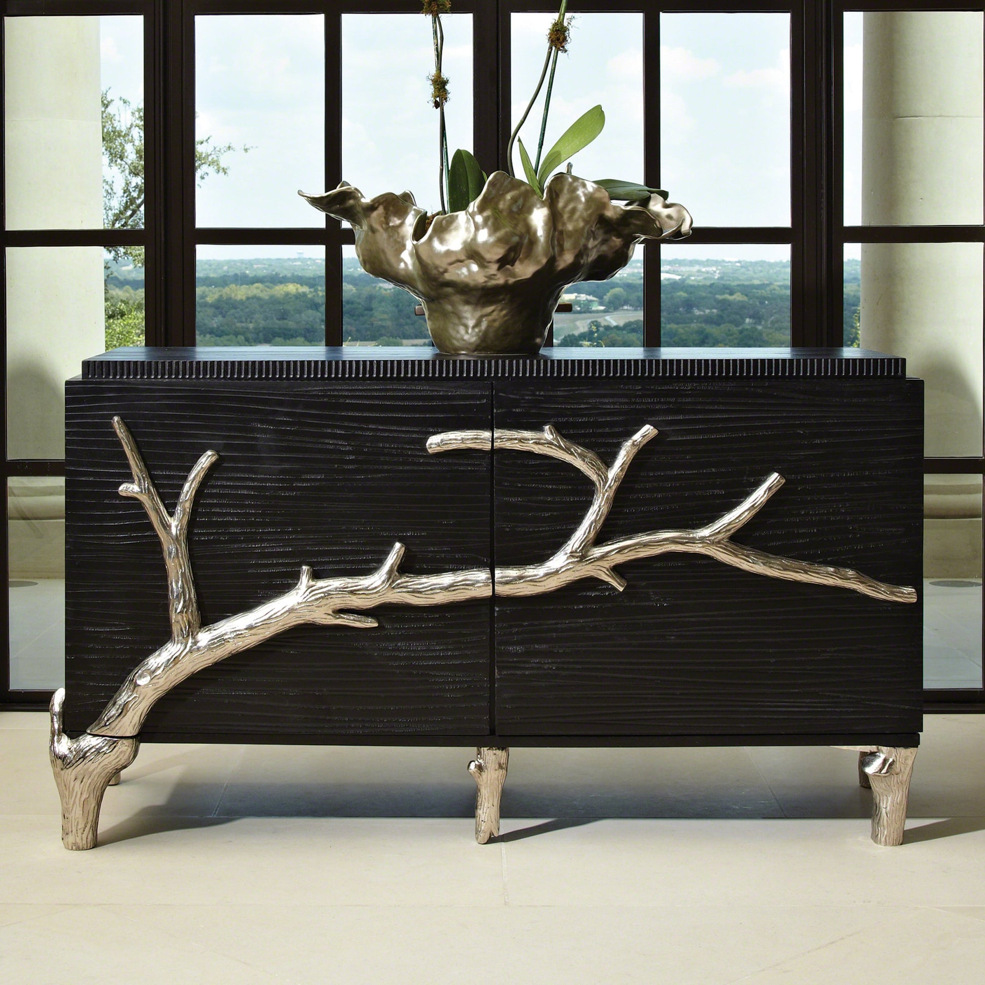 Branch Cabinet by Global Views in black distressed lacquer, polished aluminum. Made from unique in a transitional style.
