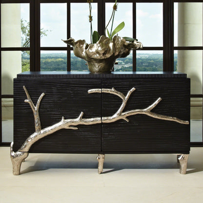 Branch Cabinet by Global Views in black distressed lacquer, polished aluminum. Made from unique in a transitional style.