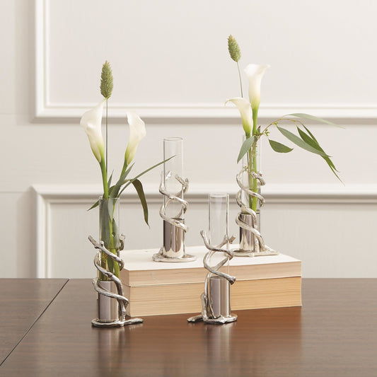 Branch Bud Vase by Global Views in nickel. Made from brass, glass in a modern style.