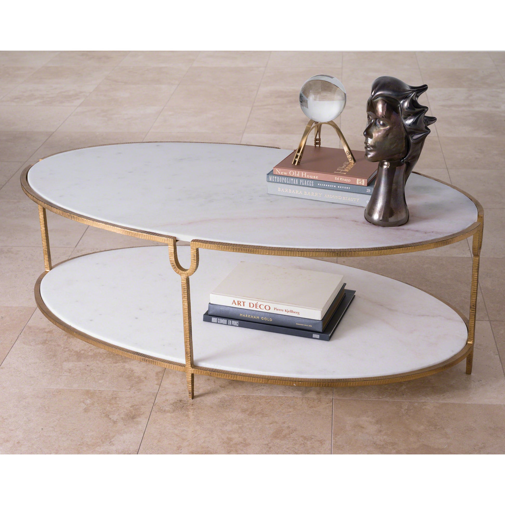 Iron and Stone Coffee Table by Global Views in antique gold. Made from iron, honed white marble in a transitional style.