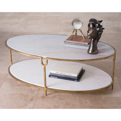 Iron and Stone Coffee Table by Global Views in antique gold. Made from iron, honed white marble in a transitional style.