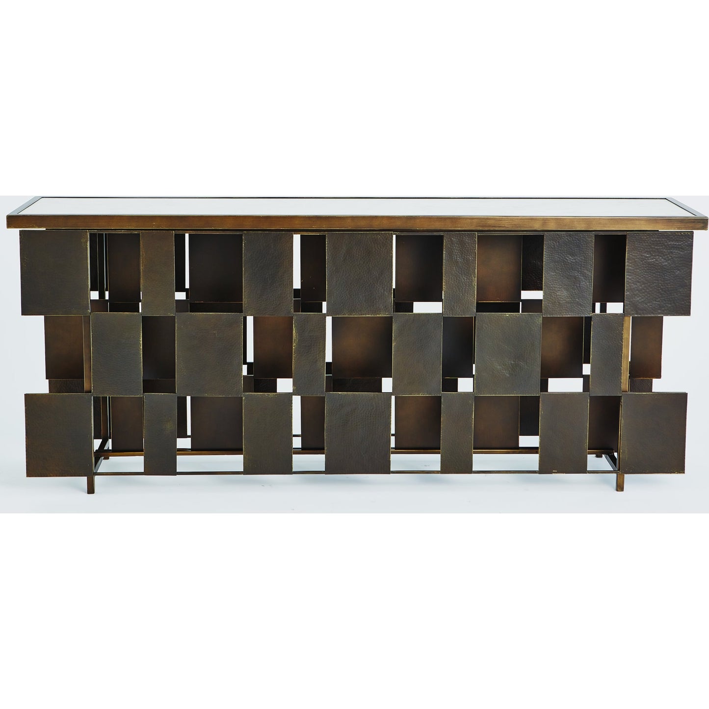 001 SR-701527 | Additional Silo | Layered Console by Global Views in bronze, gold. Made from iron, white honed marble in a eclectic & global style.
