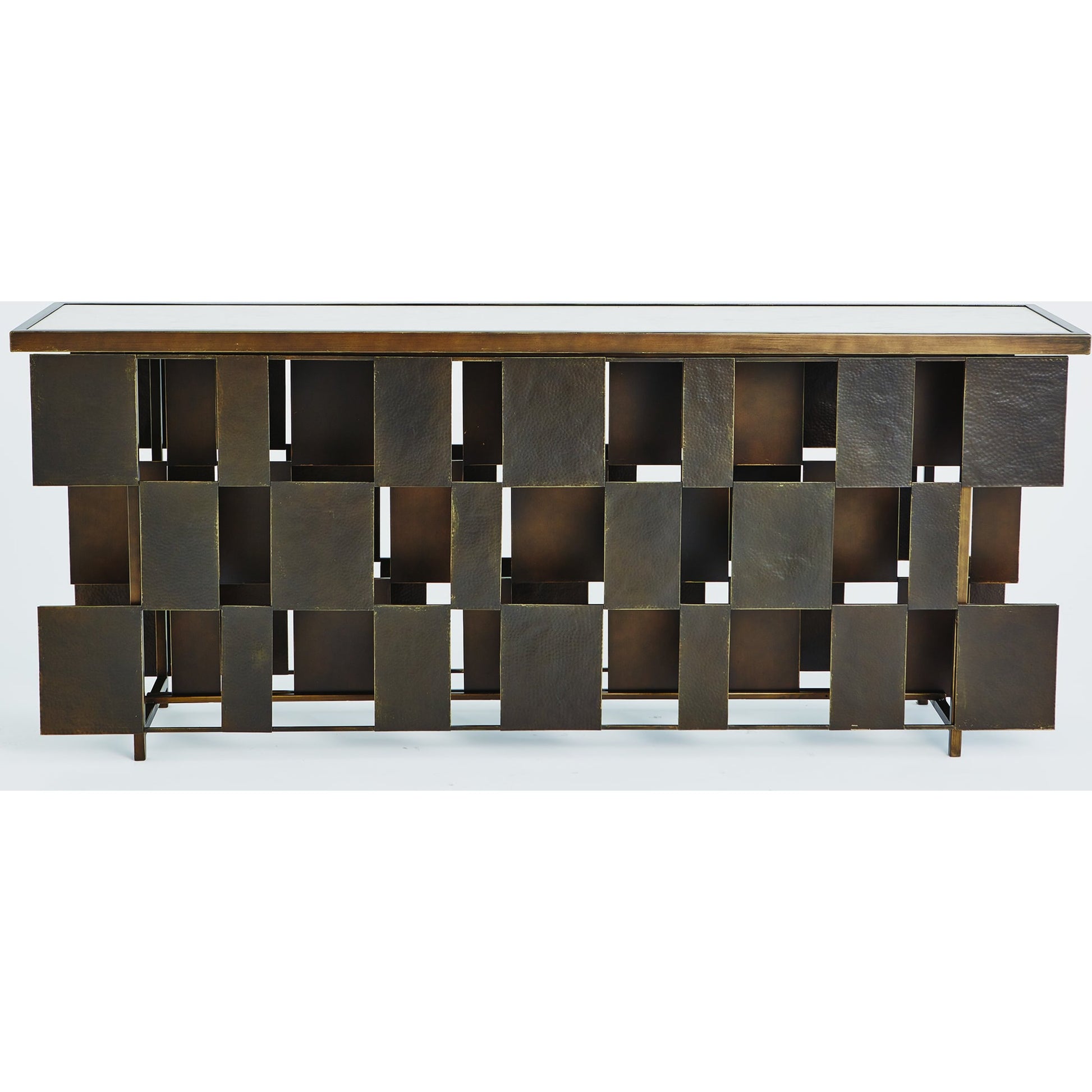 Layered Console by Global Views in bronze, gold. Made from iron, white honed marble in a eclectic & global style.