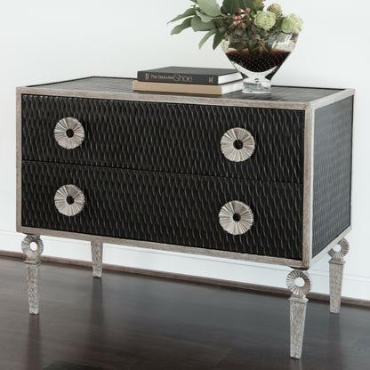 Artisan Chest by Global Views in black distress lacquer, nickel, antique lacquer. Made from acacia, mdf, iron in a transitional style.