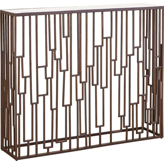 Shingle Hall Table by Global Views in brown powder coat, gold rub. Made from iron, white marble in a transitional style.