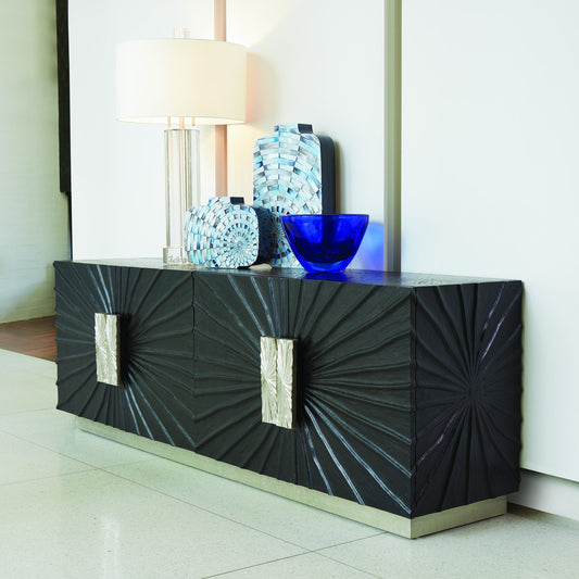 Pleated Media Cabinet by Global Views in black, nickel. Made from pine, aluminum, metal, glass in a eclectic & global style.