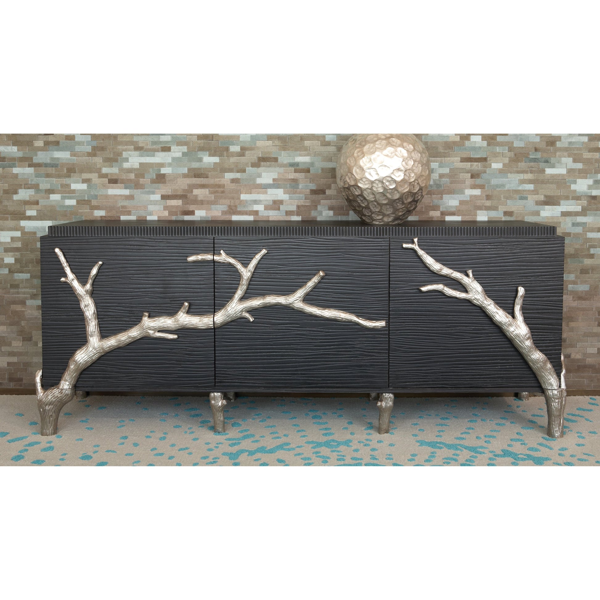 Branch Cabinet by Global Views in black distressed lacquer, polished aluminum. Made from unique in a transitional style.