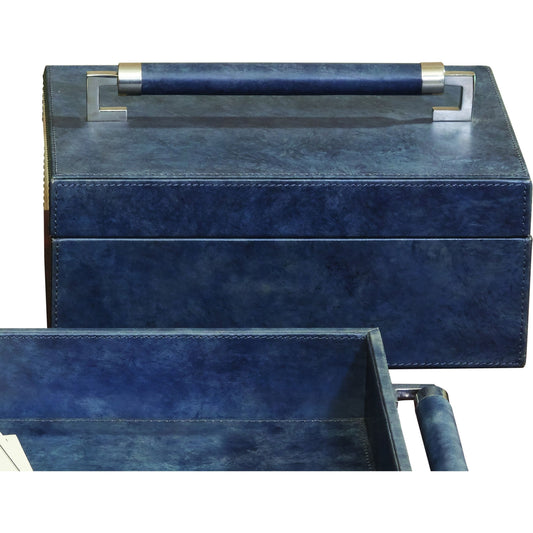 Wrapped Handle Box by Global Views in blue wash. Made from mdf, leather, polyester suede, brass in a transitional style.