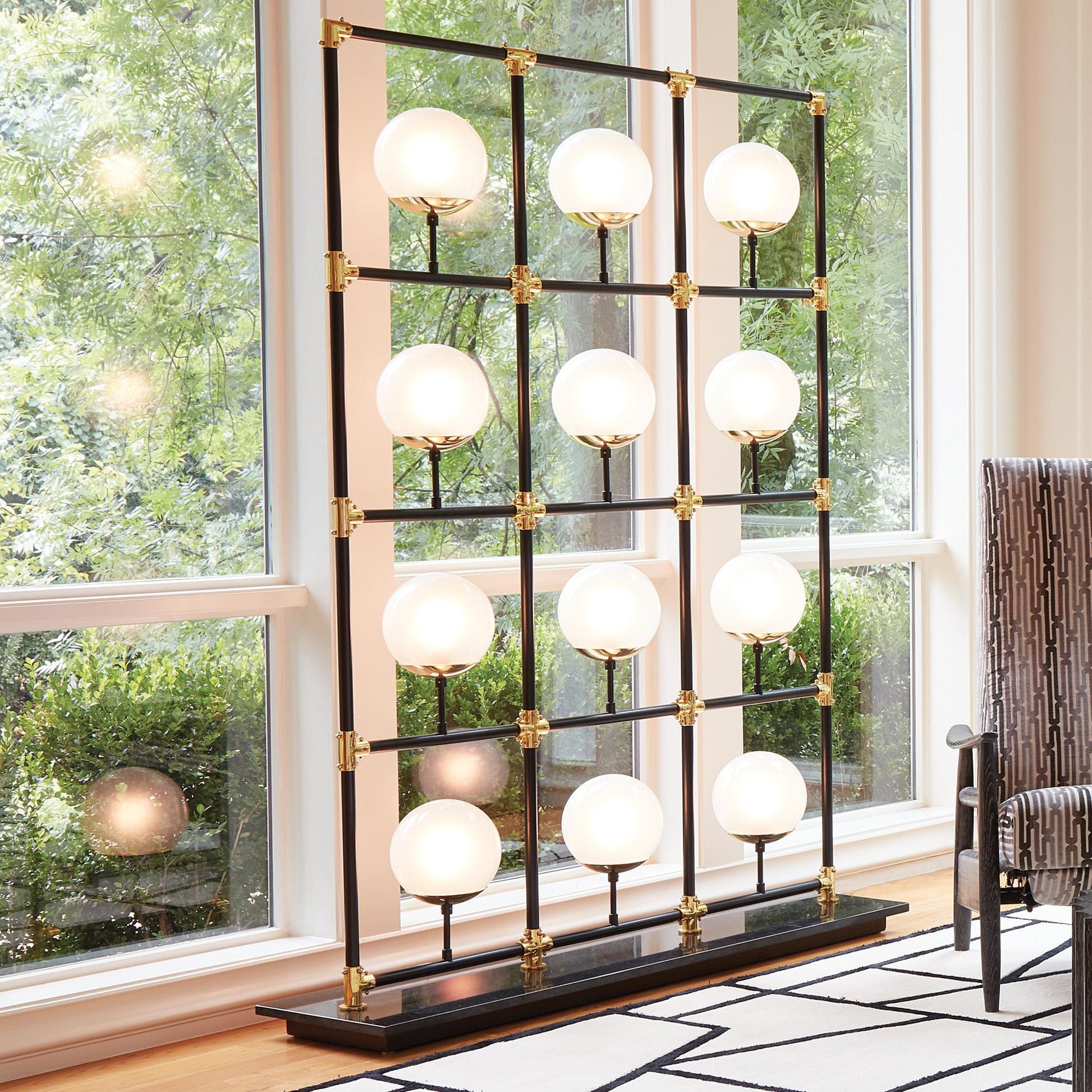 Globe in Square Floor Screen by Global Views in brass lacquer, black powder coating. Made from steel, brass in a eclectic & global style.