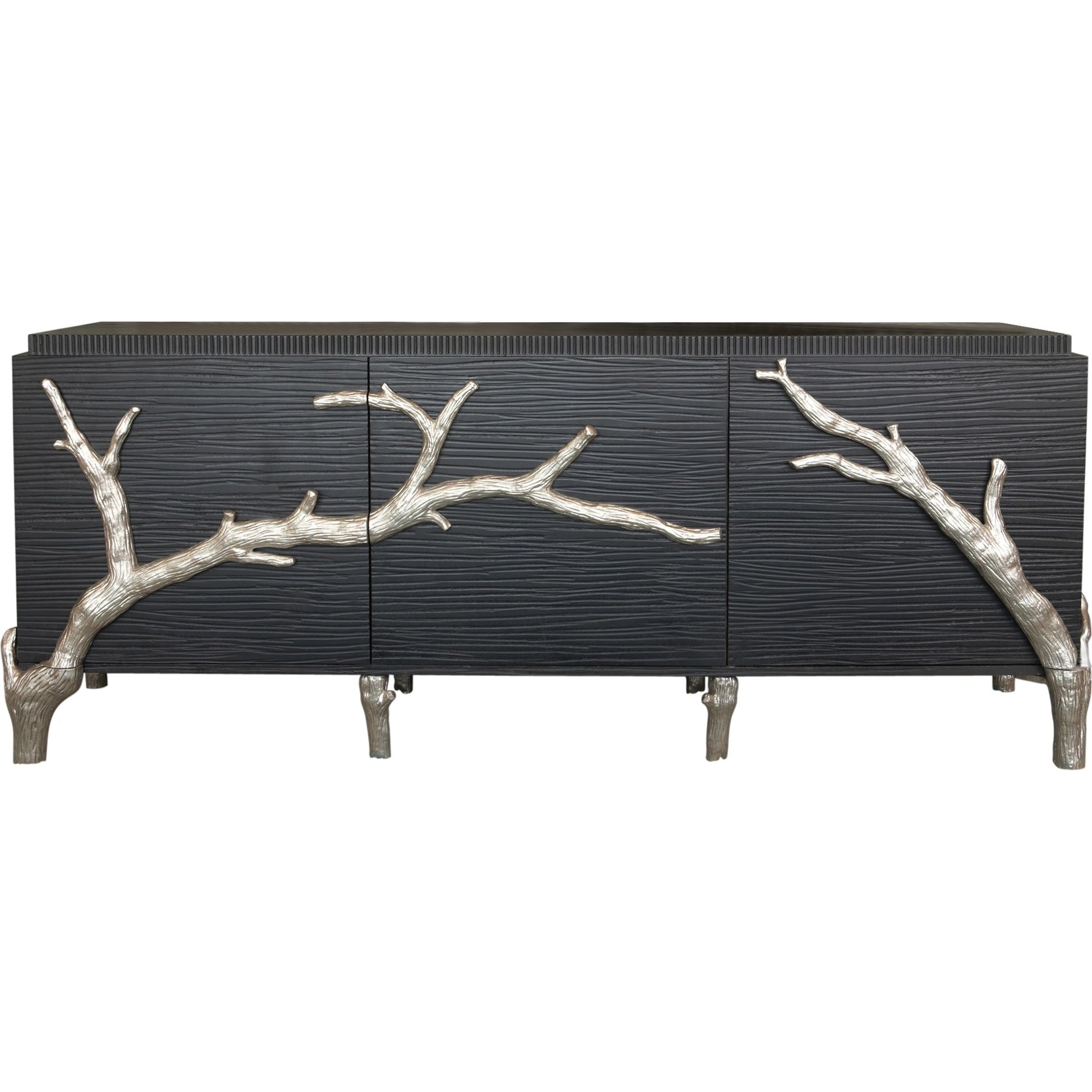 Branch Cabinet by Global Views in black distressed lacquer, polished aluminum. Made from unique in a transitional style.