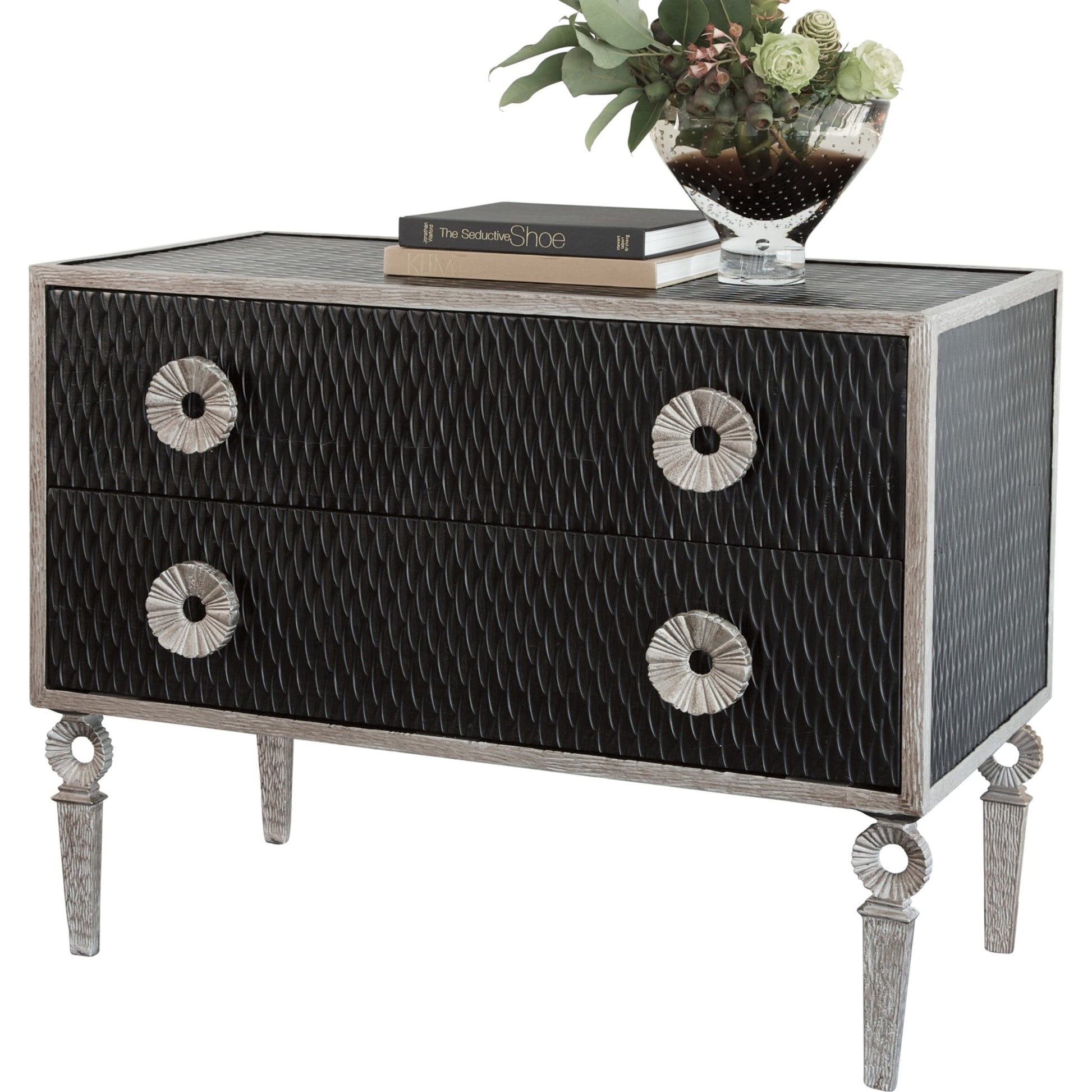 Artisan Chest by Global Views in black distress lacquer, nickel, antique lacquer. Made from acacia, mdf, iron in a transitional style.