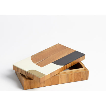 Wooden Inlaid Box by Global Views in black, ivory. Made from mdf, teak, brass, resin in a modern style.