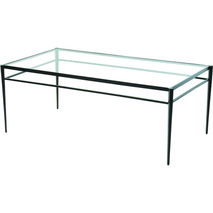 Lescot Cocktail Table by Global Views in dark gunmetal bronze powder coat, gold edges, highlights. Made from iron, tempered glass in a modern style.