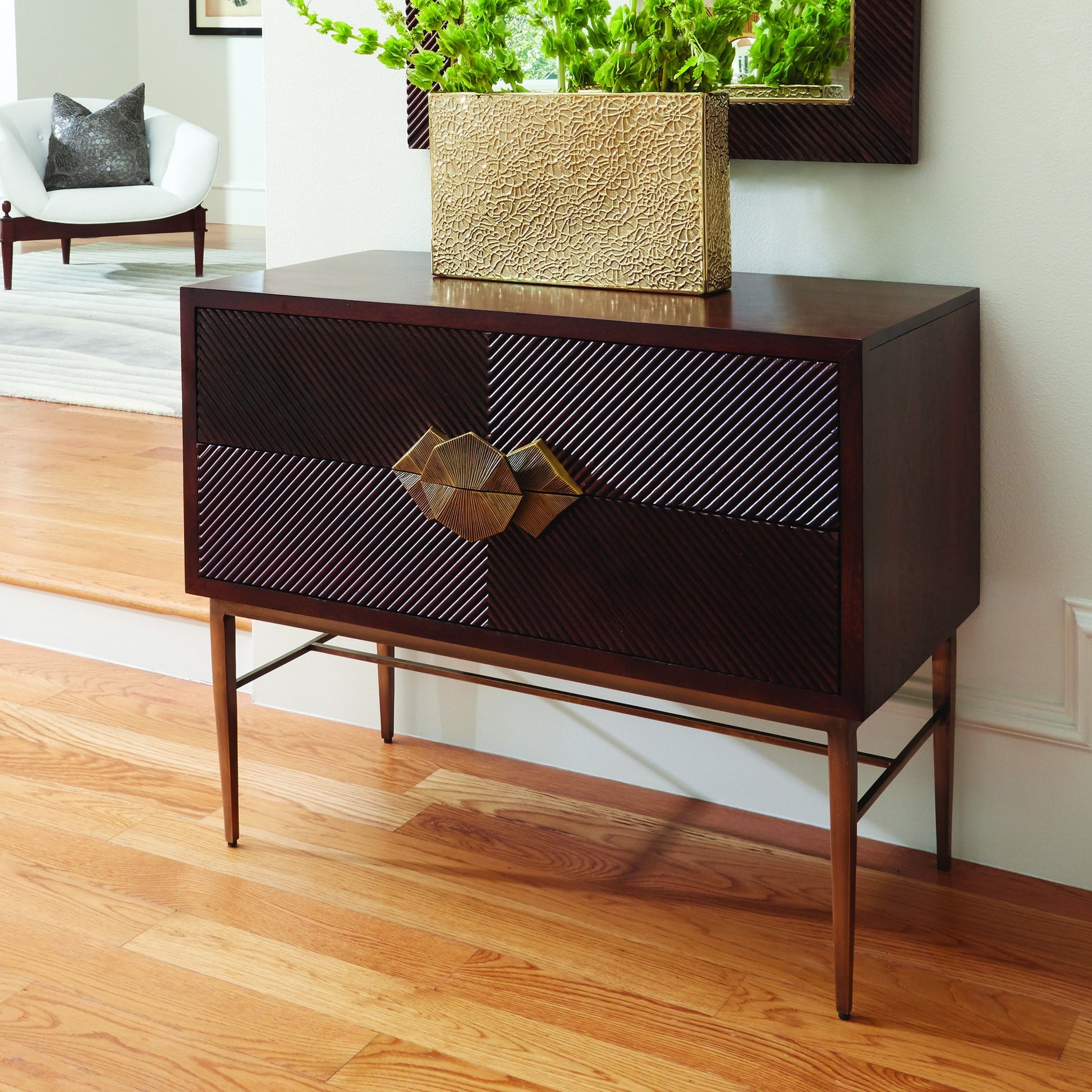 Galapagos Chest by Global Views in dark walnut, brass. Made from mango, mdf, brass in a transitional style.