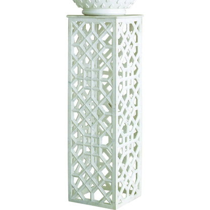 Fret Pedestal by Global Views. Made from hand carved honed white marble in a transitional style.