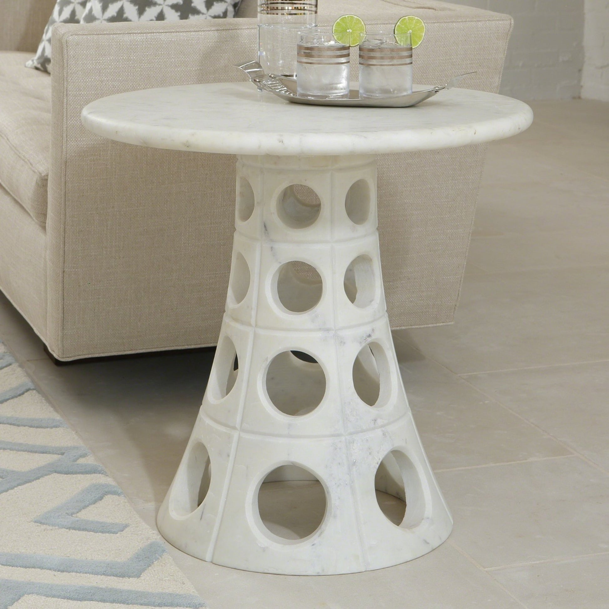 Taper Circle Side Table by Global Views. Made from white honed marble in a eclectic & global style.