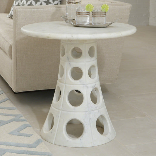 Taper Circle Side Table by Global Views. Made from white honed marble in a eclectic & global style.