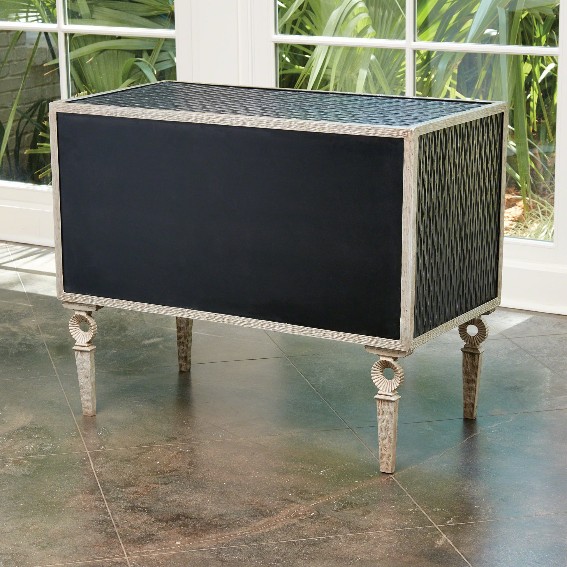 Artisan Chest by Global Views in black distress lacquer, nickel, antique lacquer. Made from acacia, mdf, iron in a transitional style.