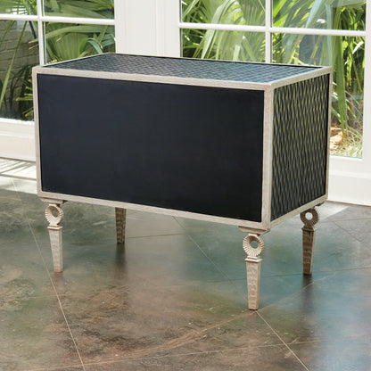 Artisan Chest by Global Views in black distress lacquer, nickel, antique lacquer. Made from acacia, mdf, iron in a transitional style.