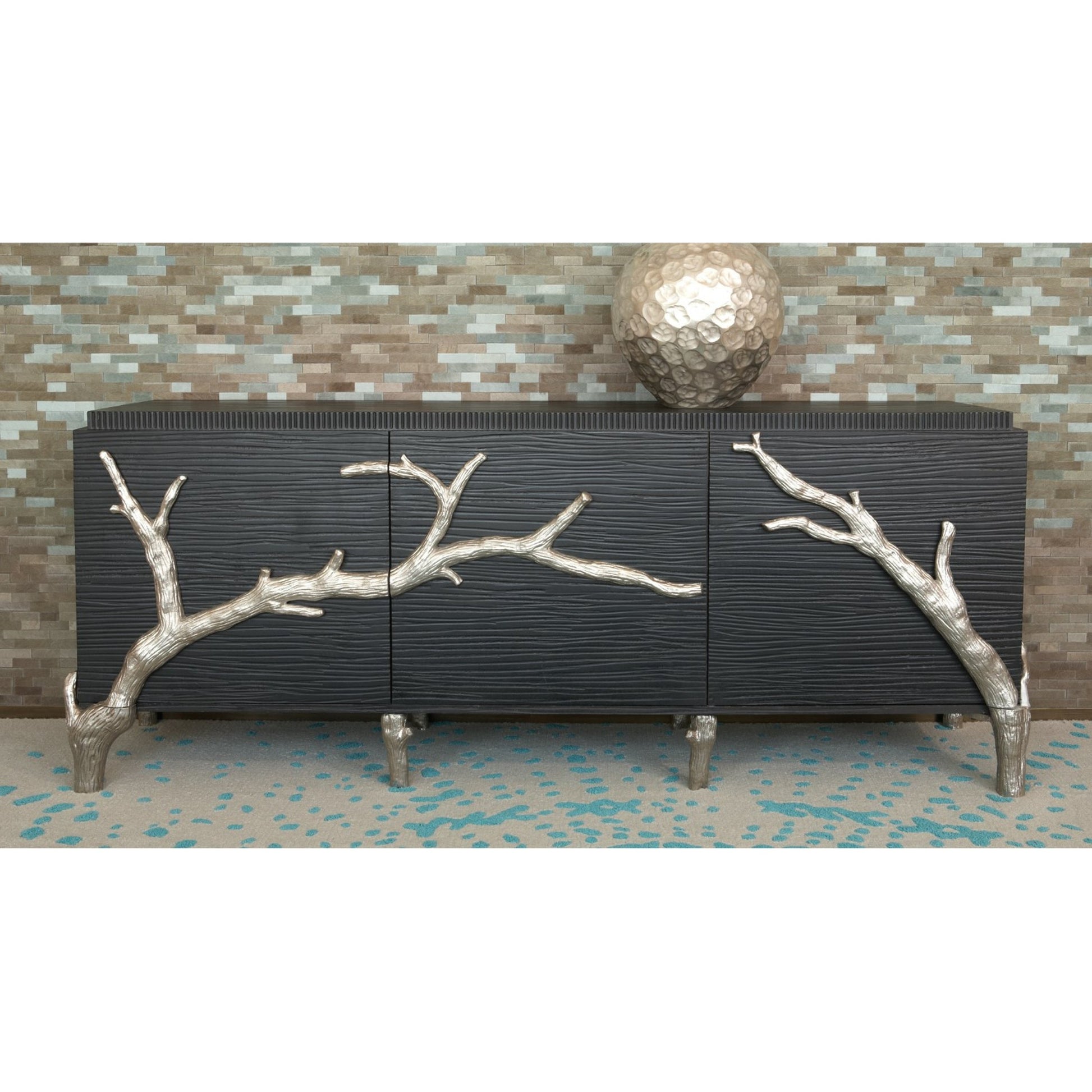 Branch Cabinet by Global Views in black distressed lacquer, polished aluminum. Made from unique in a transitional style.