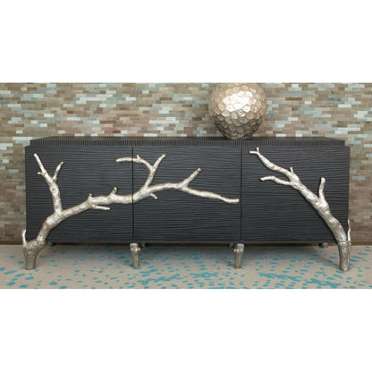 Branch Cabinet by Global Views in black distressed lacquer, polished aluminum. Made from unique in a transitional style.