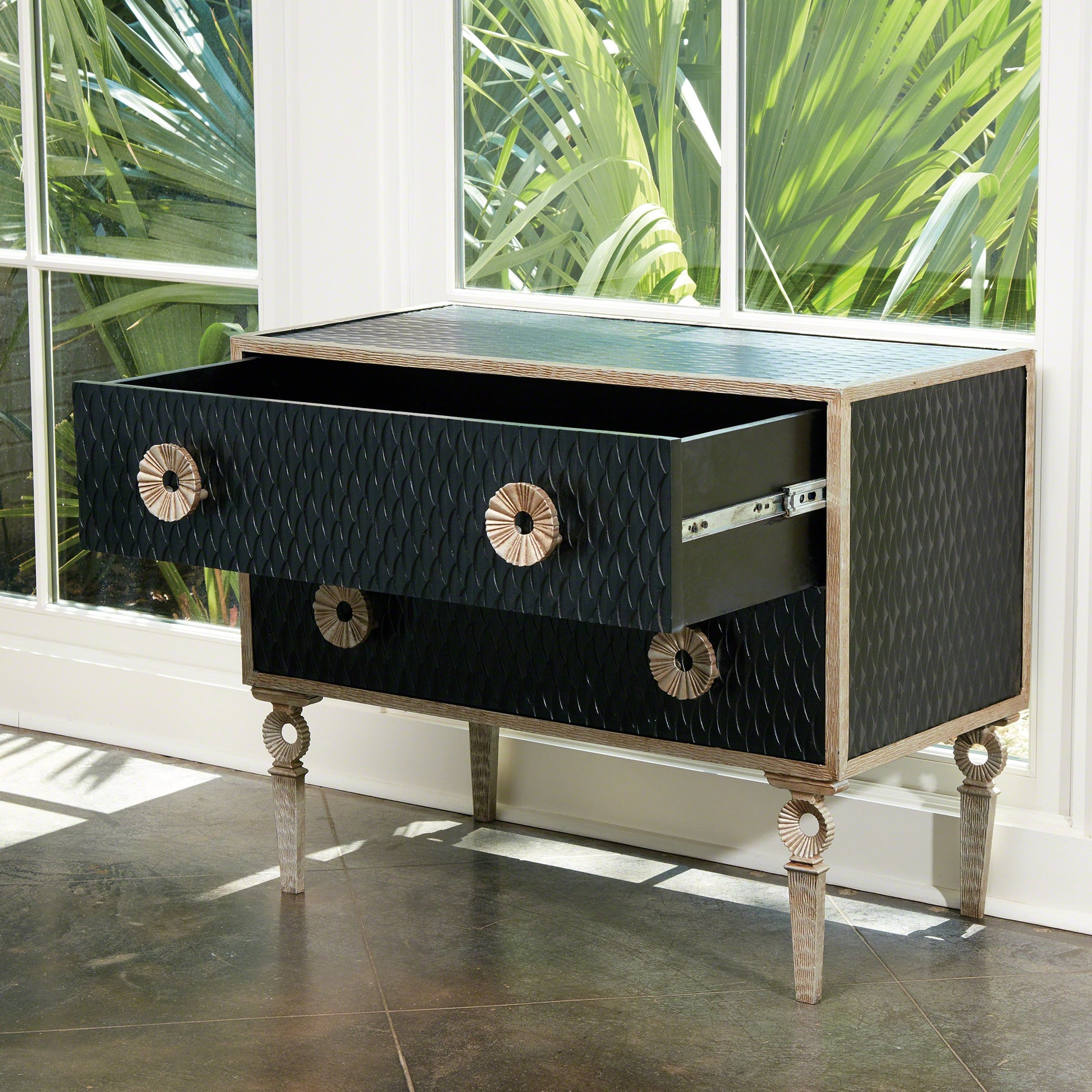 Artisan Chest by Global Views in black distress lacquer, nickel, antique lacquer. Made from acacia, mdf, iron in a transitional style.