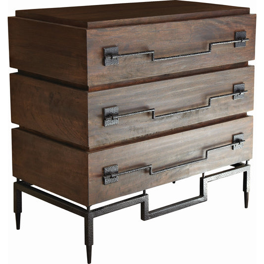Scratch Three-Drawer Chest by Global Views in dark brown stain, matte lacquer, satin black powder coat. Made from mango, iron in a rustic style.