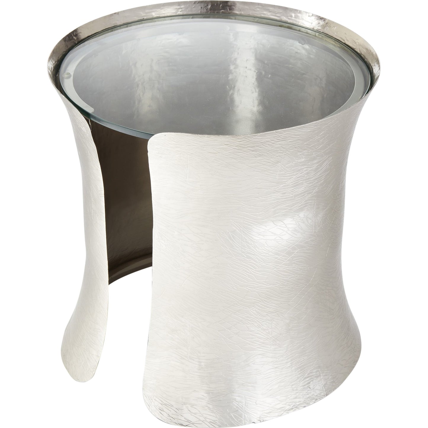 001 SR-701061 | Primary Silo | Cuff Side Table by Global Views in nickel lacquer coating. Made from aluminum, glass in a transitional style.