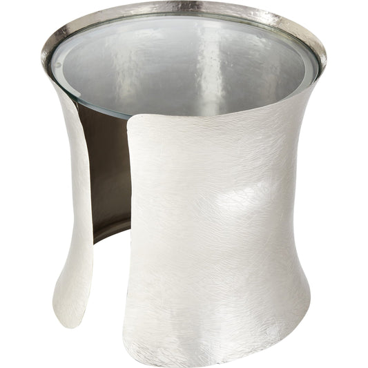 Cuff Side Table by Global Views in nickel lacquer coating. Made from aluminum, glass in a transitional style.