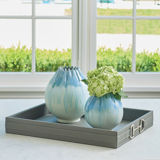 Stirrup Detail Tray by Global Views in blue wash. Made from leather, brass in a modern style.