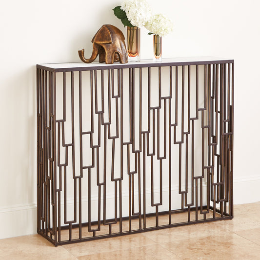 Shingle Hall Table by Global Views in brown powder coat, gold rub. Made from iron, white marble in a transitional style.