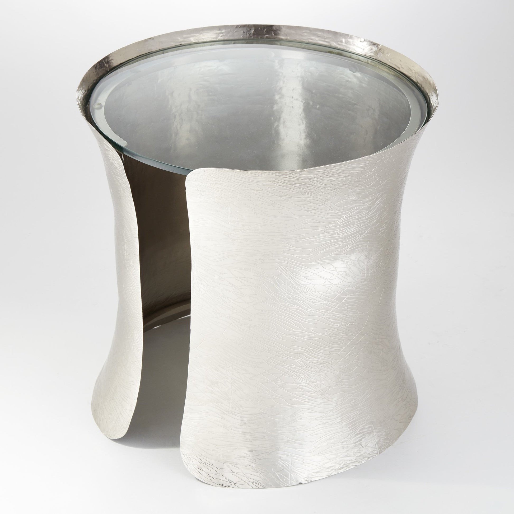 Cuff Side Table by Global Views in nickel lacquer coating. Made from aluminum, glass in a transitional style.